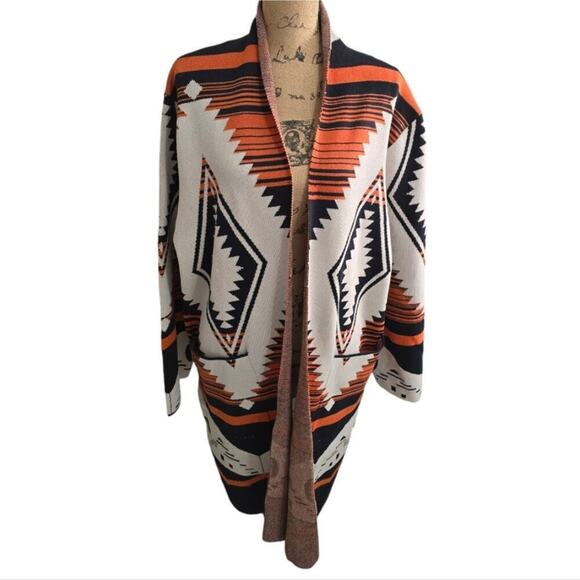 OLIVER O Orange Aztec Medium Weight Sweater Cardigan Duster Plus Size 3X New - Picture 2 of 11